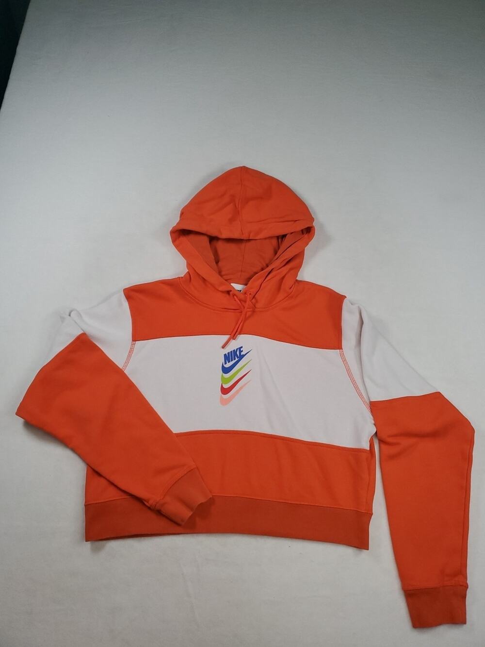 Nike Stacked Swoosh Graphic PullOver Crop Hoodie Orange White Women Oversized S